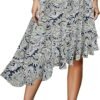 Women's Boho Floral High Waisted High Low Asymmetric Hem Midi Skirt