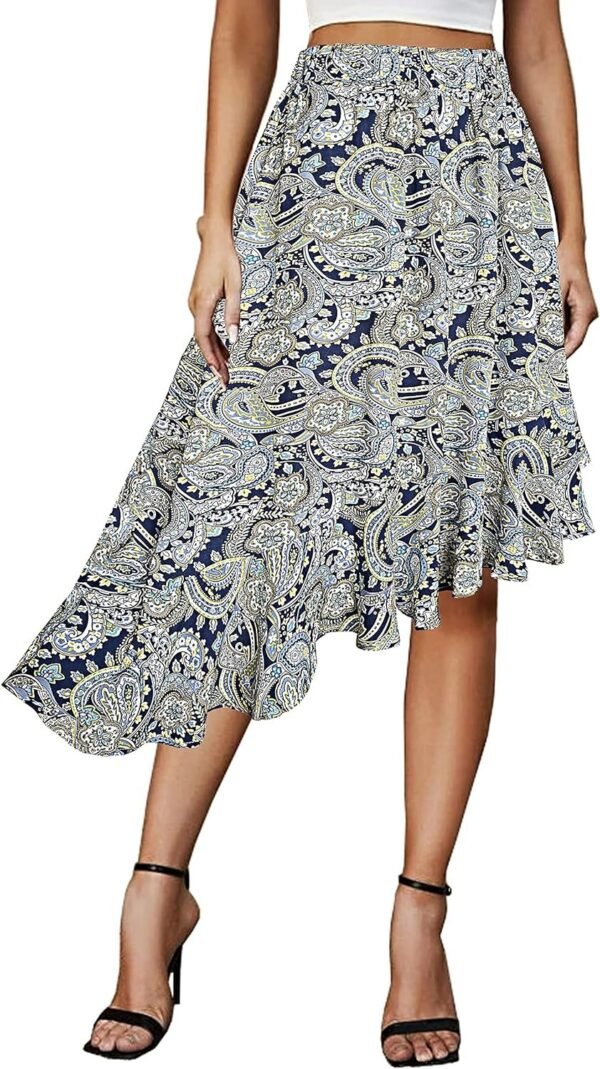 Women's Boho Floral High Waisted High Low Asymmetric Hem Midi Skirt