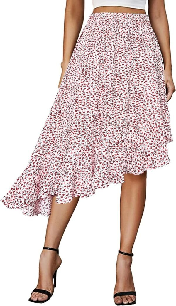 Women's Boho Floral High Waisted High Low Asymmetric Hem Midi Skirt