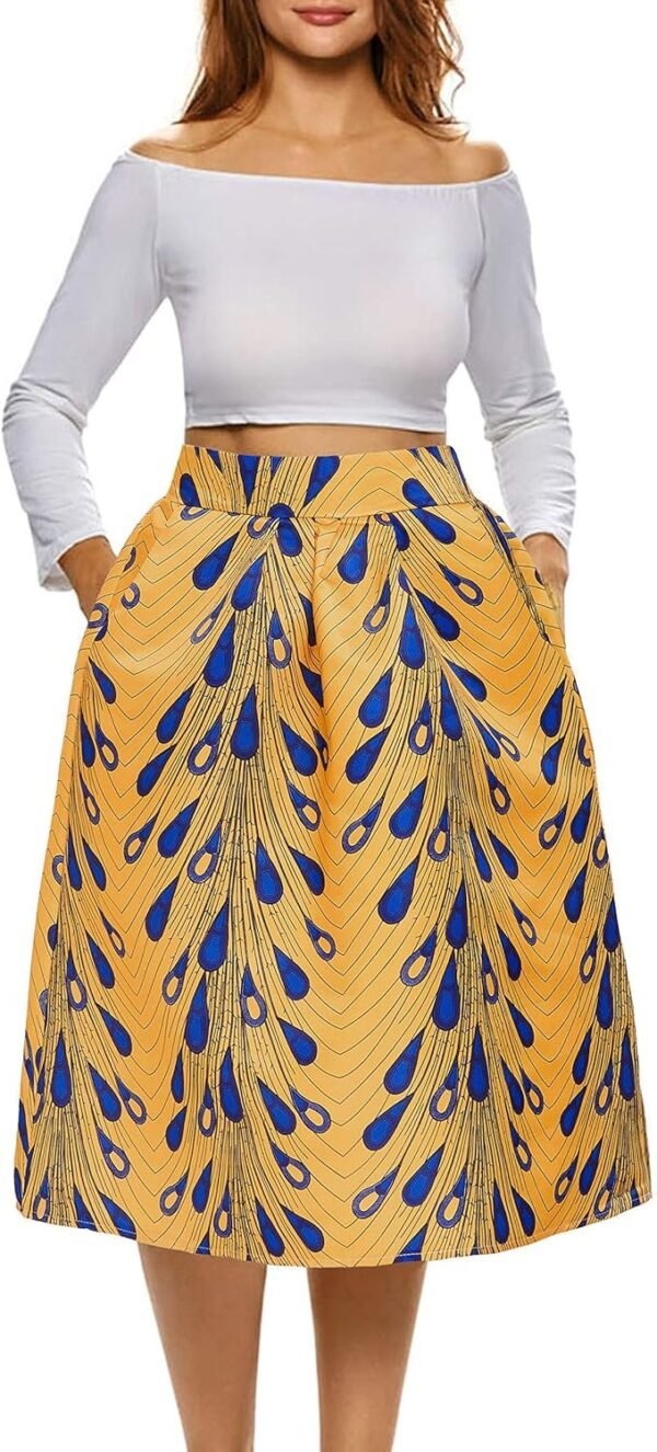 Womens African Print Skirt Boho Flare Pleated Midi Skirt with Pockets