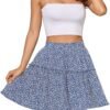 Women's Summer High Waist Floral Layered Ruffle Pleated Beach Mini Skirt, Navy Blue, XX-Large