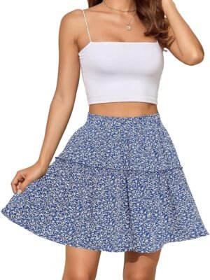 Women's Summer High Waist Floral Layered Ruffle Pleated Beach Mini Skirt, Navy Blue, XX-Large