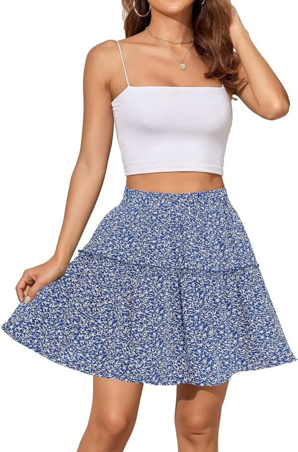 Women's Summer High Waist Floral Layered Ruffle Pleated Beach Mini Skirt, Navy Blue, XX-Large
