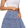 Women's Summer High Waist Floral Layered Ruffle Pleated Beach Mini Skirt, Navy Blue, XX-Large