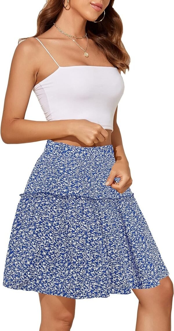 Women's Summer High Waist Floral Layered Ruffle Pleated Beach Mini Skirt, Navy Blue, XX-Large