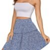Women's Summer High Waist Floral Layered Ruffle Pleated Beach Mini Skirt, Navy Blue, XX-Large