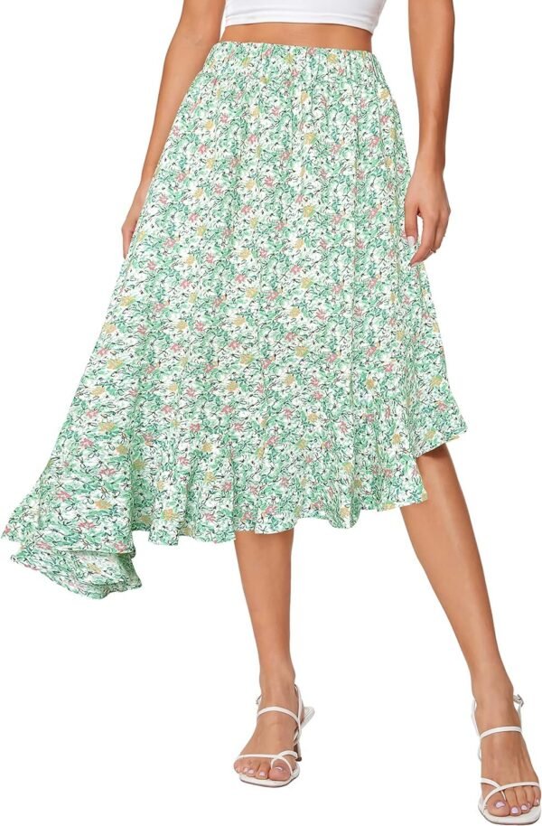 Women's Boho Floral High Waisted High Low Asymmetric Hem Midi Skirt