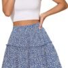 Women's Summer High Waist Floral Layered Ruffle Pleated Beach Mini Skirt, Navy Blue, XX-Large