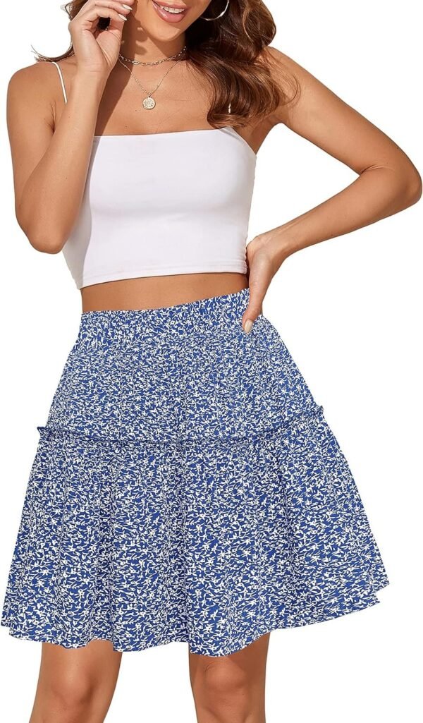 Women's Summer High Waist Floral Layered Ruffle Pleated Beach Mini Skirt, Navy Blue, XX-Large