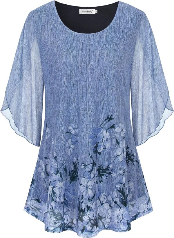 Women's Tops 3/4 Sleeve Blouses Dressy Casual Double Layers Mesh Tunic Shirts